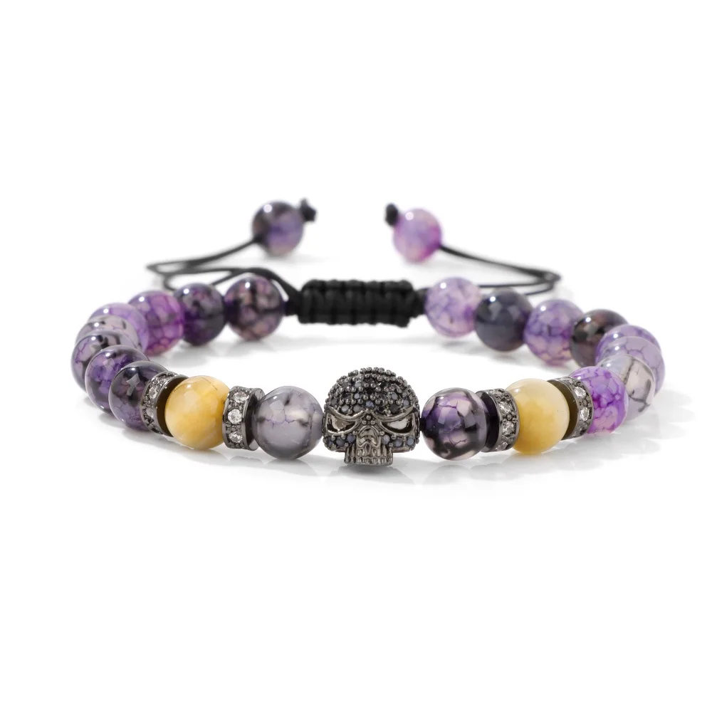 Purple Dragon Agates Beads Bracelet Skull CZ Charm Natural Stone Hematite Map Jaspers Braided Bracelet For Women Men Jewelry