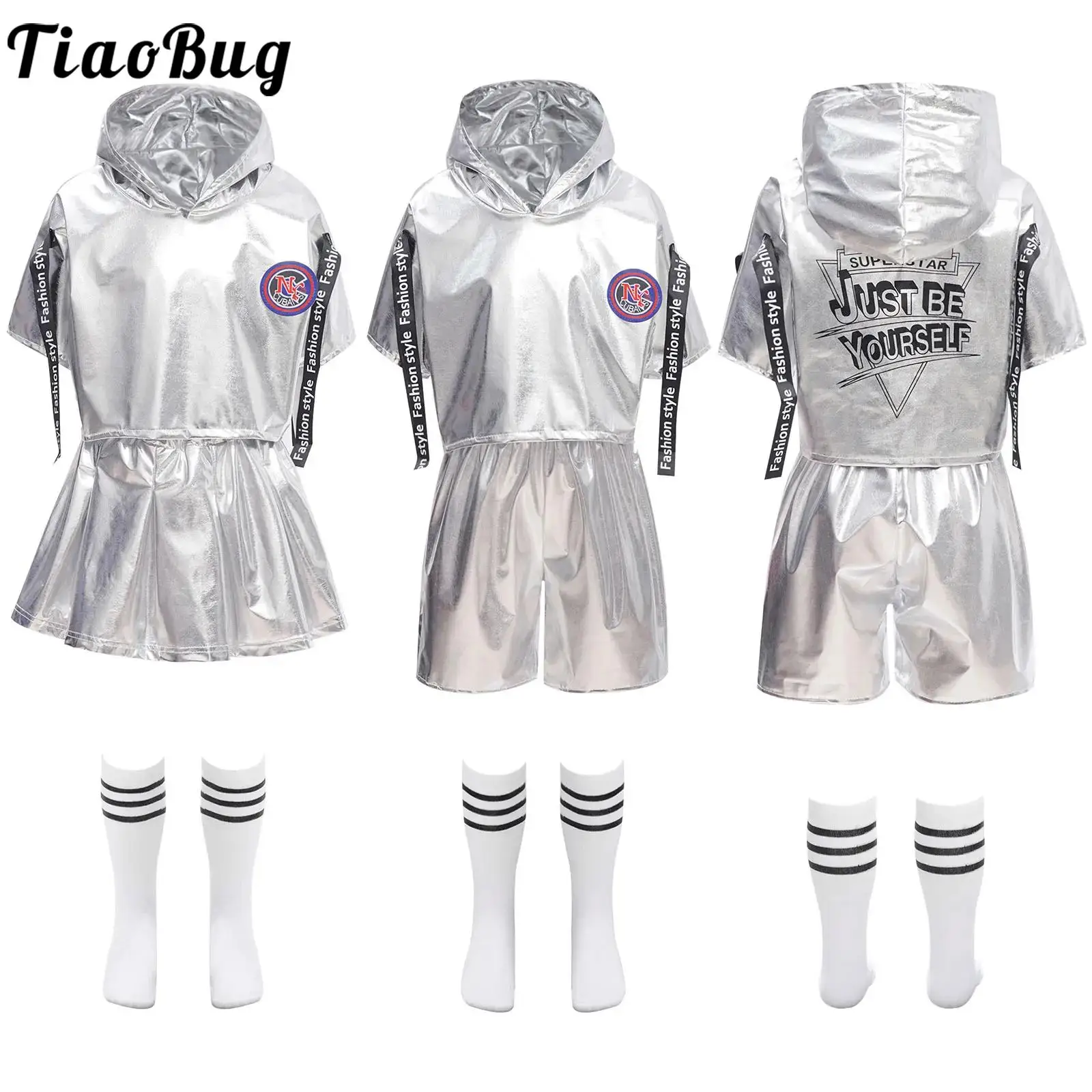

Boys Girls Hip-hop Outfit Set Metallic Short Sleeve Hooded Top and Shorts Skirts for Street Modern Dance Performance Competition