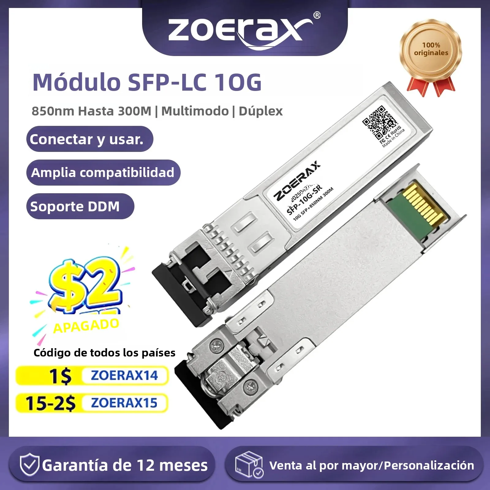 Módulo Transceptor SFP+ Multimodo LC Dúplex ZoeRax 10/2.5/1.25G 850nm 300/500/550m DDM, Módulo de Fibra Óptica para Cisco/TP-Link