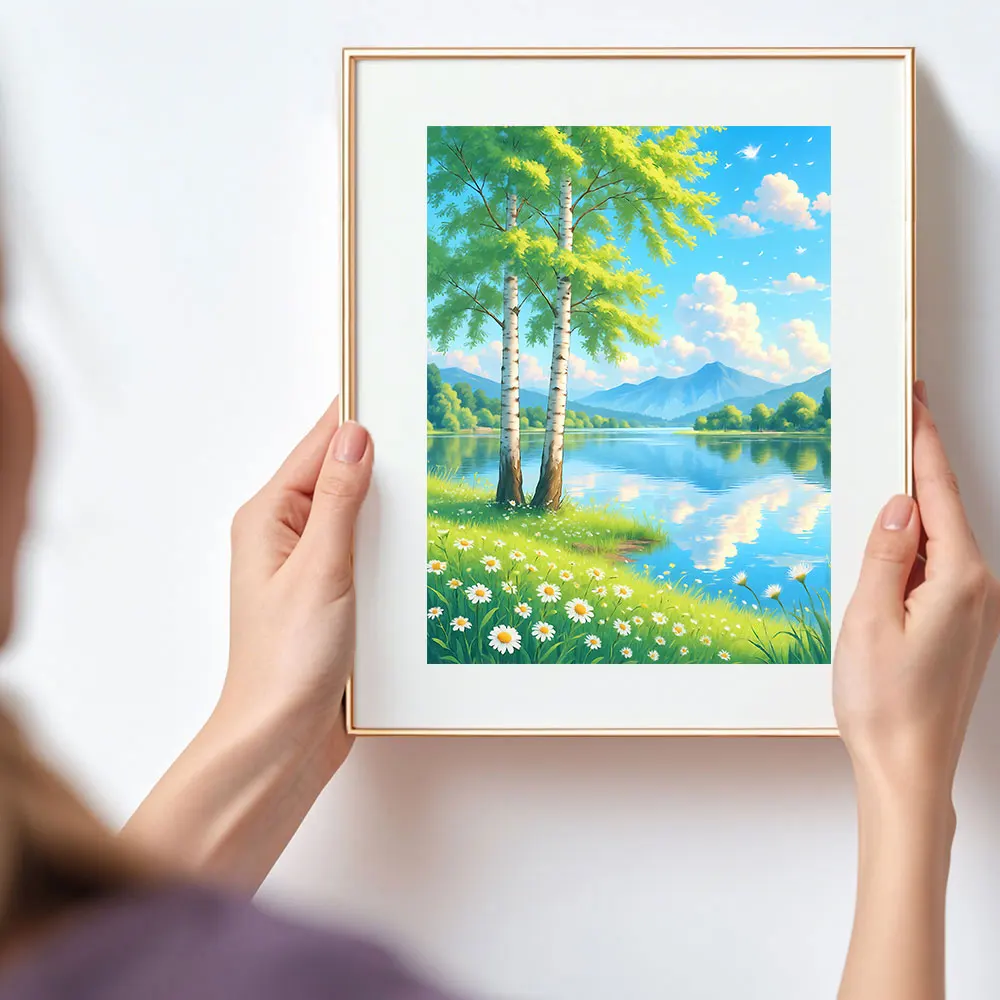 

Набор для алмазной вышивки 5D DIY: Весенняя река, деревья, цветы, пейзаж. Полный комплект для декора стен, без рамы.