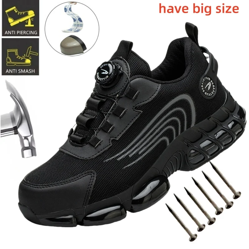 Big Size Men and Women Rotary Buckle Work Safety Shoes Men Air Soft Sole Lightweight Sneakers Protective Fashion Work Shoes