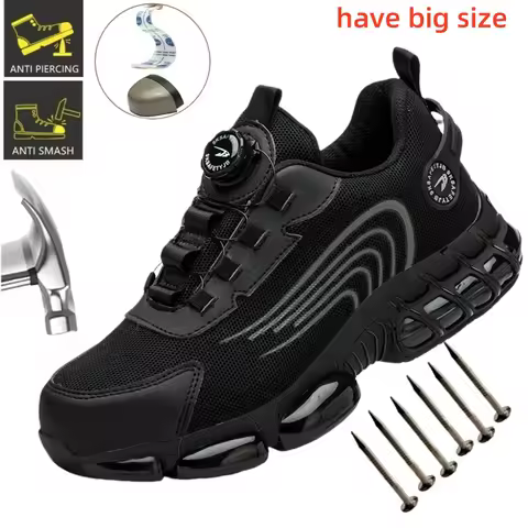 Big Size Men and Women Rotary Buckle Work Safety Shoes Men Air Soft Sole Lightweight Sneakers Protective Fashion Work Shoes