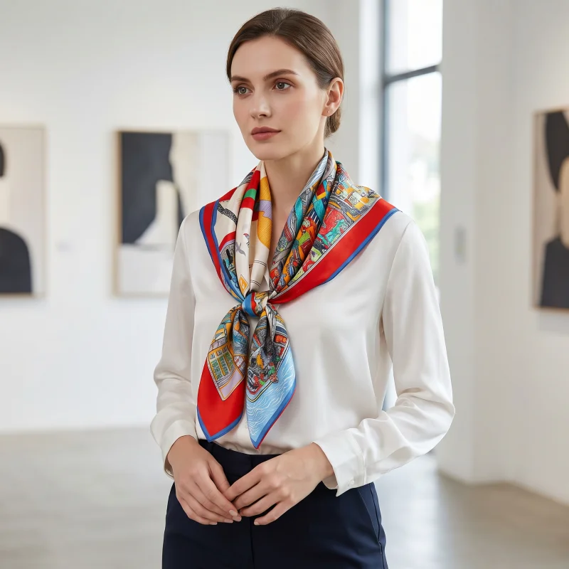 

100% Mulberry Silk Scarf 35" Large Square Headscarf Women’s Hair Wraps Travel Shawl (88*88cm) With Gift Packed Red Art Print