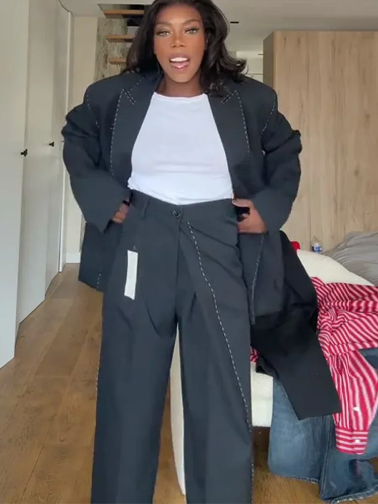 캐주얼 라인 블레이저 코트 팬츠 세트 여성용 라펠 긴 소매 더블 브레스티드 블레이저 와이드 레그 롱 트라우저 여성 의상 2025 가을