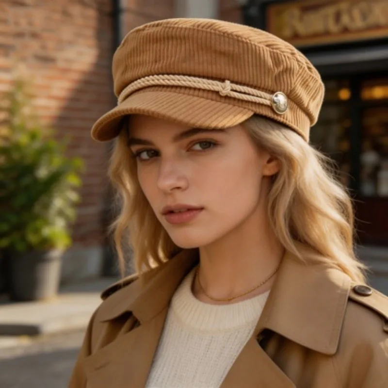 Ladies Fashion Corduroy Striped Navy Hat Everything Casual Painter Hat Vintage Duck Tongue Beret Student Newsboy Hat