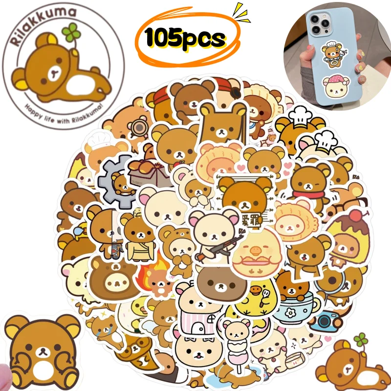 Pegatinas Bandai Rilakkuma Kiiroitori Korilakkuma, 105 piezas, impresiones de dibujos animados de alta calidad para diarios de estudiantes, pegatinas para dibujar y colorear.