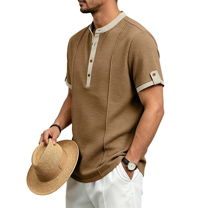 2026 New Men's Summer Henley Neck Short Sleeve T-Shirt Striped Texture Casual Beach Shirt Breathable Button Placket Tops Shirts