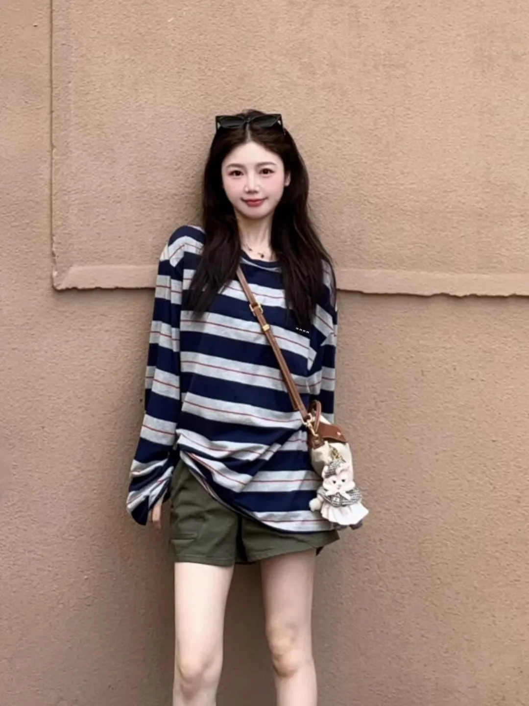 Retro American Color Block Striped Miu Girl Long Sleeve T Shirt Women Early Autumn Top Lazy Shoulder Loose Base Layer Cotton