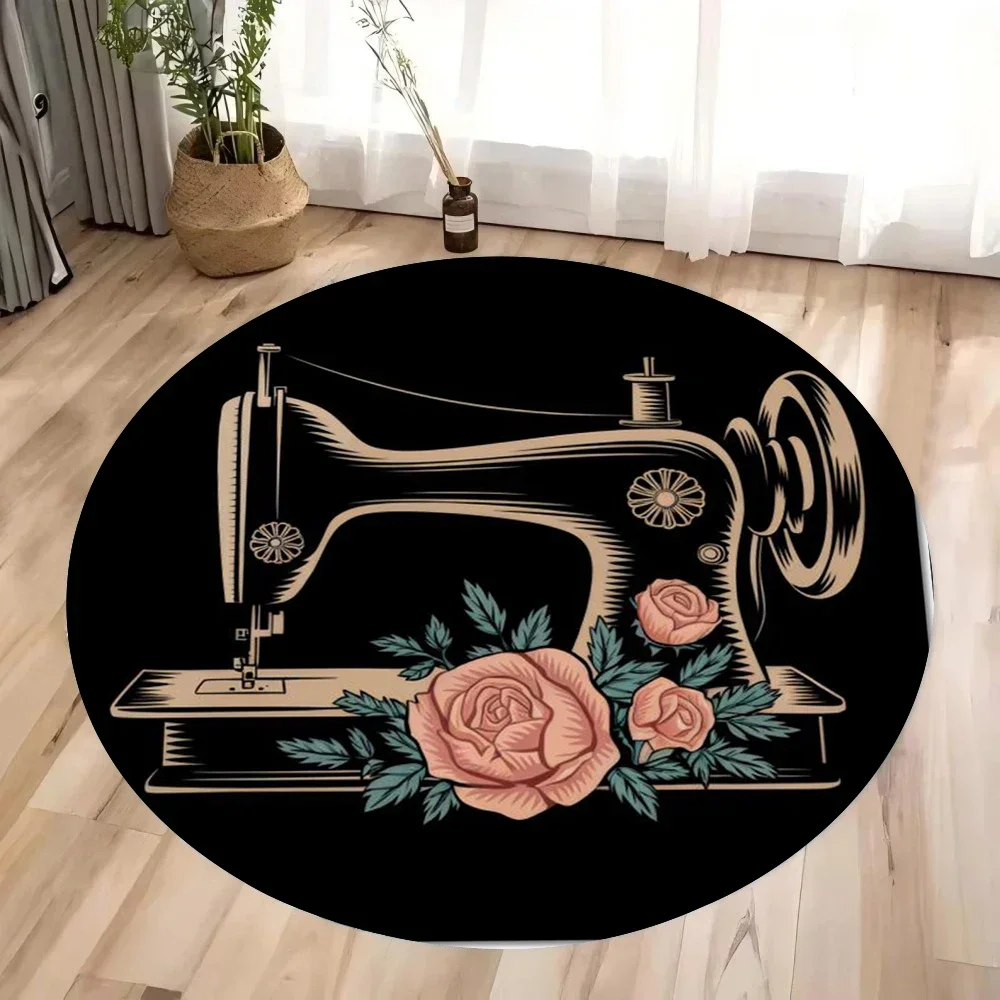 ~O~Vintage Sewing Machine Round Rug – Retro Floor Mat for Bedroom, Dining Room & Cozy Spaces