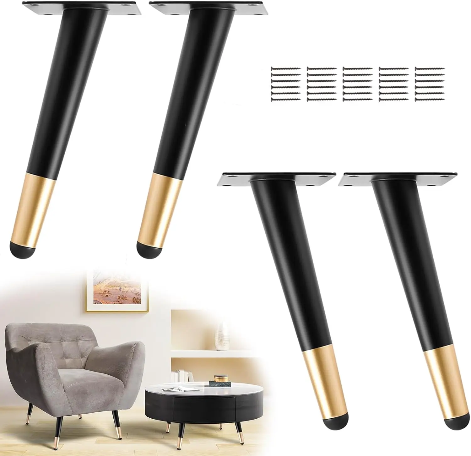 

4pcs 8 inch Matte Black Gold Metal Furniture Legs, Cabinet Legs with Level Feet, Metal Replacement Legs for Chairs, Sofas, Cabin