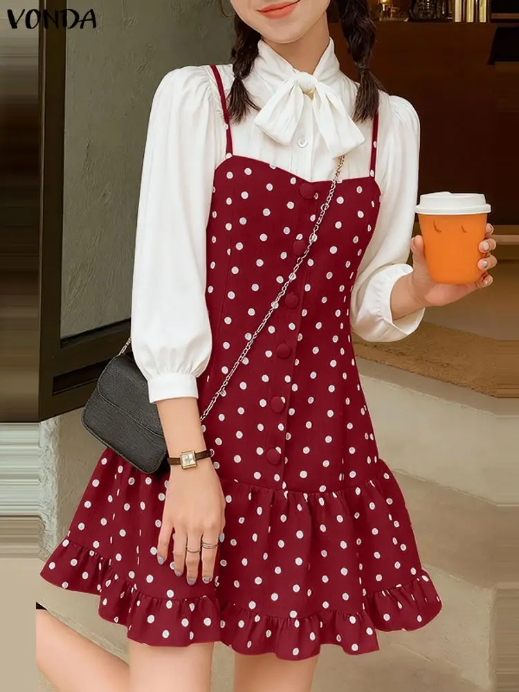 VONDA Moda Polka Dot Mini Coreano Patchwork Vestito 2025 Donne 3/4 Manica Colletto con fiocco Abiti corti Increspato Manica a sbuffo Vestito estivo