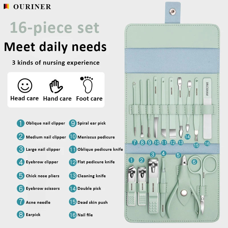 Goede Kwaliteit Manicure Set 16 In 1 Full-Function Kit Professionele Roestvrijstalen Pedicure Sets Met Lederen Draagbare Tas Cadeau