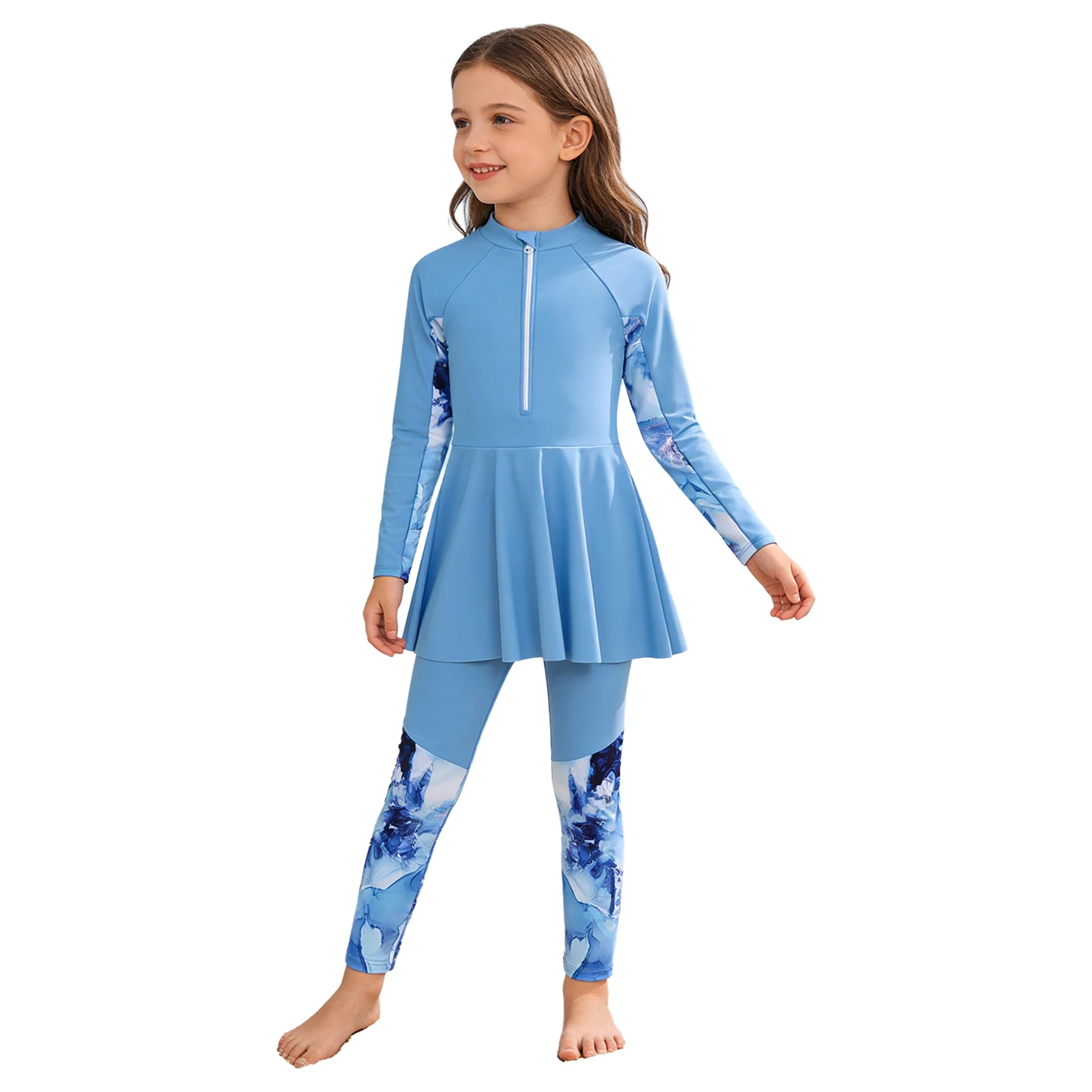 Girls Three Pieces Swimsuit Full Coverage Surfing Swimwear Long Sleeve Half Zipper Dress Top with Briefs Long Pants Bathing Suit
