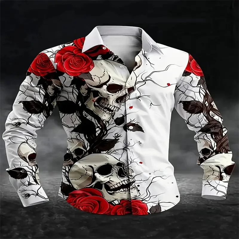 Men's 3D Skull and Rose Printed Long Sleeve Shirt - Casual, Suitable for Weekend Casual Wear, Autumn/Winter, Halloween