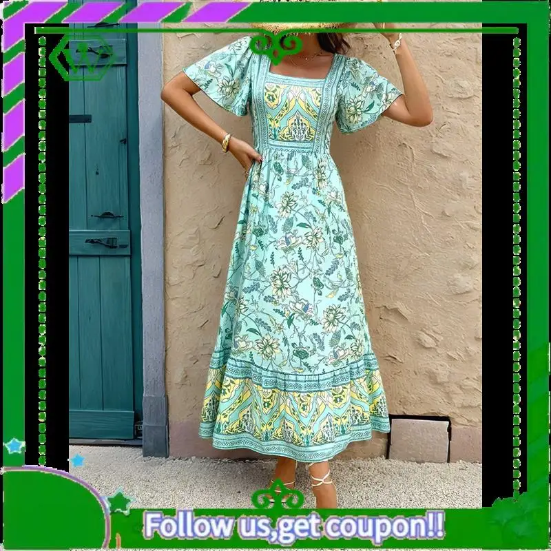 A18P-Mulher 2025 verão manga curta boho estampa floral em camadas casual flowy longo maxi vestido