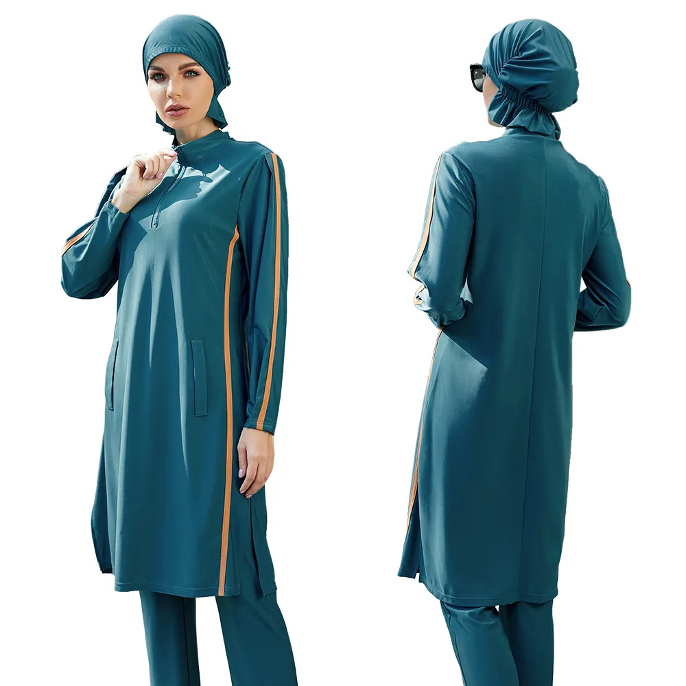 Burkini modesto para mujer, traje De baño musulmán, Burkini De tres piezas, Maillot De Bain, cubierta completa, azul, manga larga