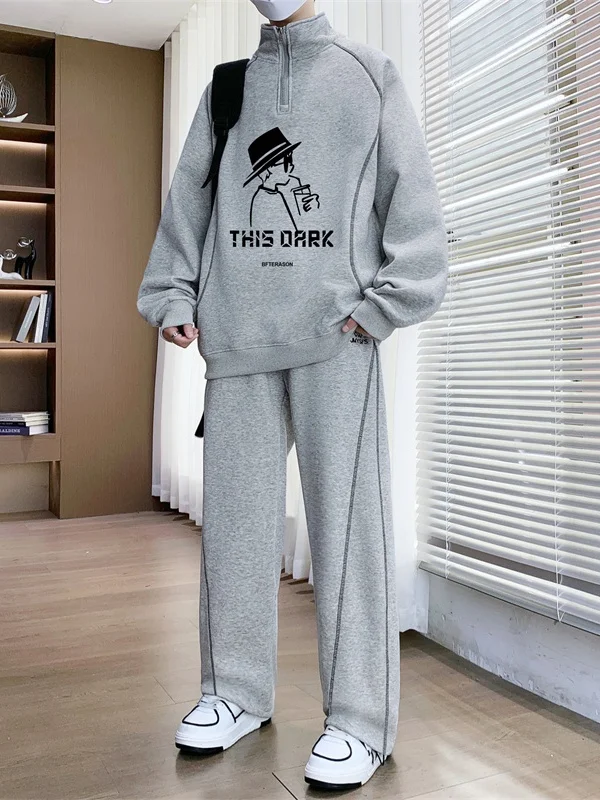 

Casual Sportswear f Zip Hoodie Set Men's Long Sve Stand Collar Trendy Two-Piece Autumn Outfit Cotton Polyester Blend