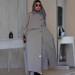 Muslim Women Windbreaker Long Wind Coat Autumn Winter Casual Outerwear Turn Down Collar Morocco Pockets Single Breasted Overcoat