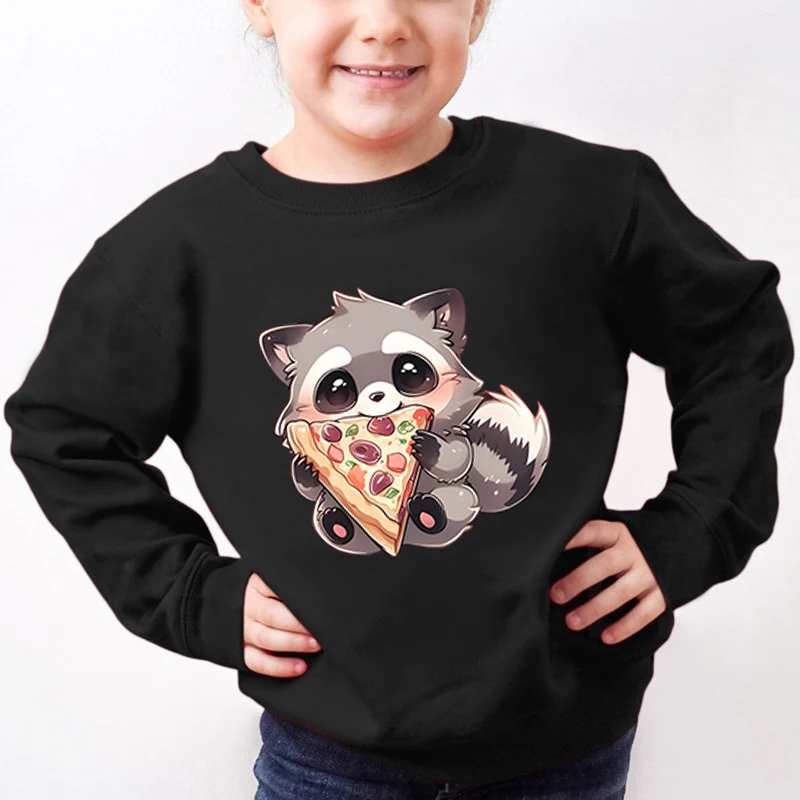 Cartoon Pizza Raccoon Hoodie Kids Cute Print Hoodies Harajuku Round Neck Sweatshirts Spring Funny Raccoon Boys Girls Pullover