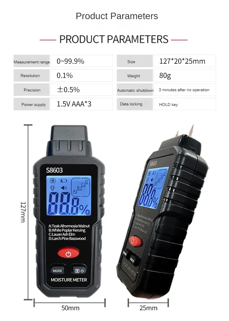 S8603 Digital Wood Moisture Meter, Pin Type Timber Moisture Tester with LCD Screen, Wood Humidity Detector for Carpentry