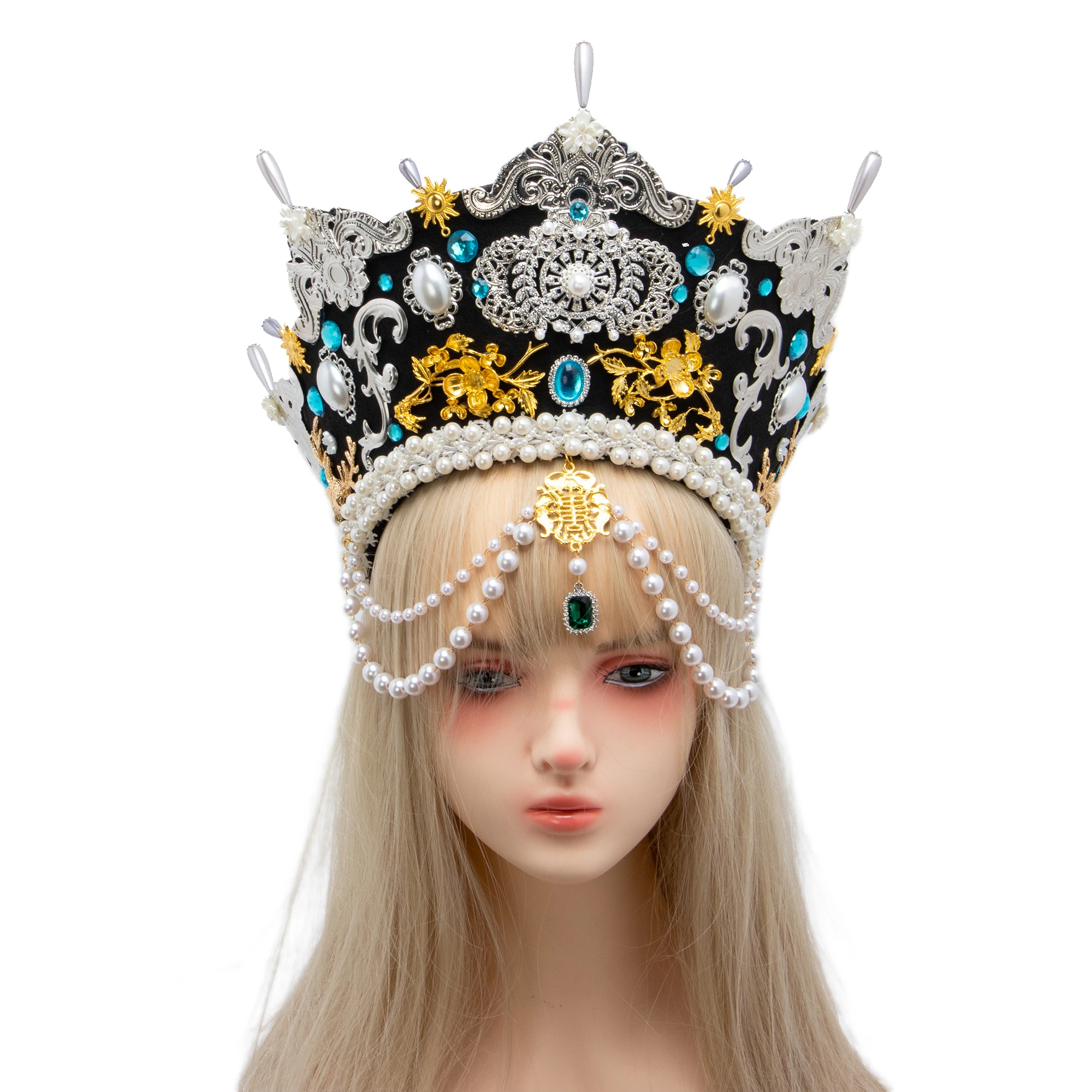 Renaissance Tudor Crown Headpiece Elizabethan Palace Style Retro Gorgeous Gothic Lolita Bead Chain KC Headband Hat Ornament