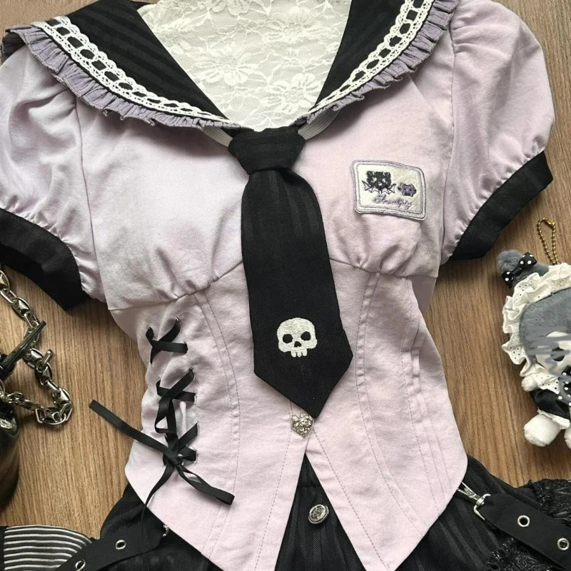 Sweet Gothic Y2k Lolita Uniform 2 Piece Set Japanese Preppy Style Sailor Collar Blouse Women Kawaii Stripe Cake Mini Skirts Suit