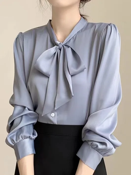 

Профессиональная атласная рубашка с бантом и галстуком, длинный рукав, на пуговицах, приталенный крой, женский деловой стиль, полиэстер