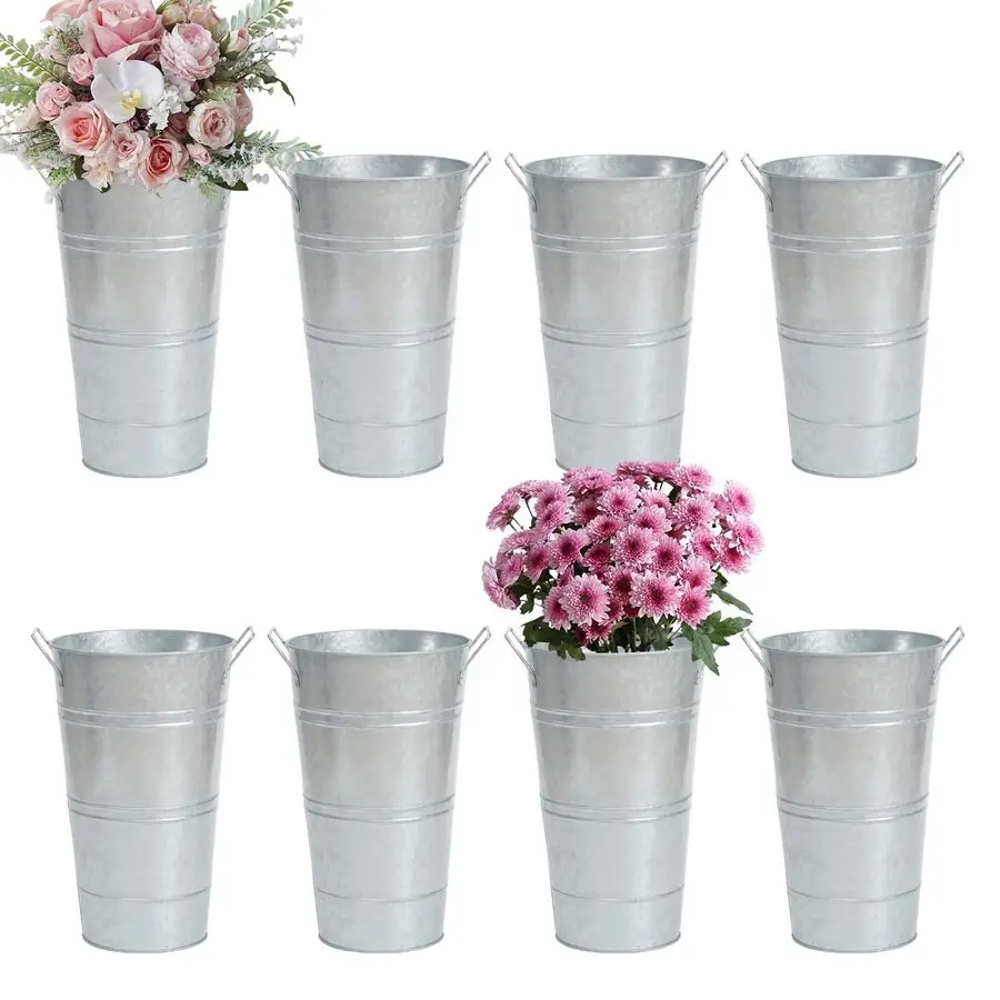 

8 Pcs 12 Inch Large Galvanized Metal Vases Farmhouse French Flower Bucket Vases for Cut Flowers for Home Decor and Wedding Table