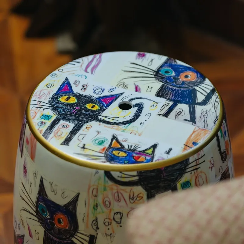 الفرنسية خمر نمط ملون رسمت باليد مقعد مستدير Schroddinger's القط طبل البراز رسمت السيراميك الحد الأدنى طاولة غرفة المعيشة