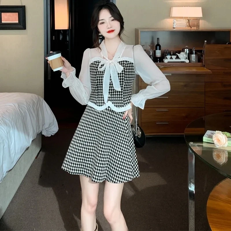 Women Graceful Bowknot Collor Shirts Mini Skirt Two Piece Set Spring Autumn Korean Slim Plaid Patchwork Tops Skirts Outfits 2023