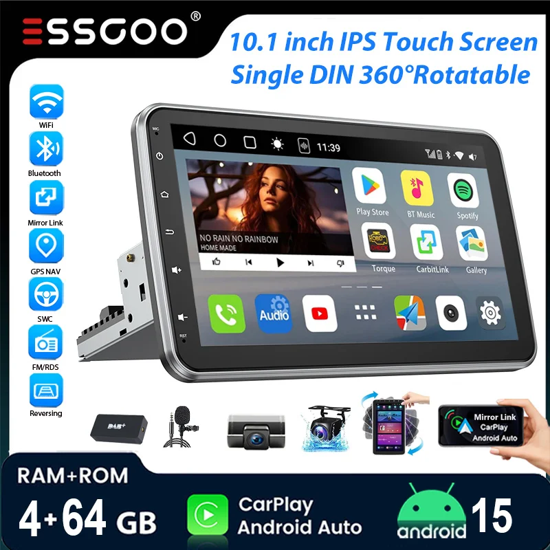 ESSGOO 10,1" Android 15 4+64G Autoradio universel 1 DIN écran 360° rotatif avec micro, CarPlay et Android Auto sans fil, GPS, RDS FM, WiFi, Bluetooth, Mirror Link, commande au volant, écran tactile,