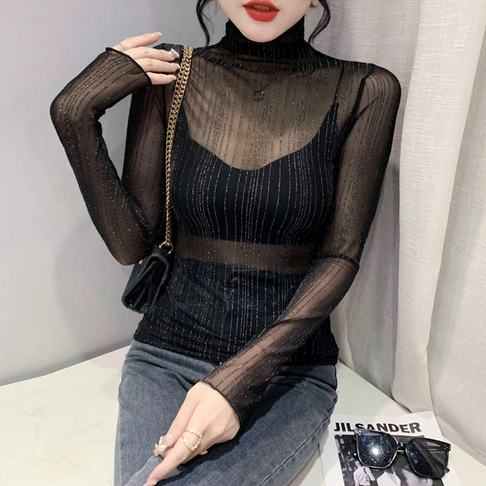 

Spring Summer Women's Sexy See Through Mesh Blouse Long Sleeve Transparent Shining Elegant Shirt Fashion Women Tops S-2XL