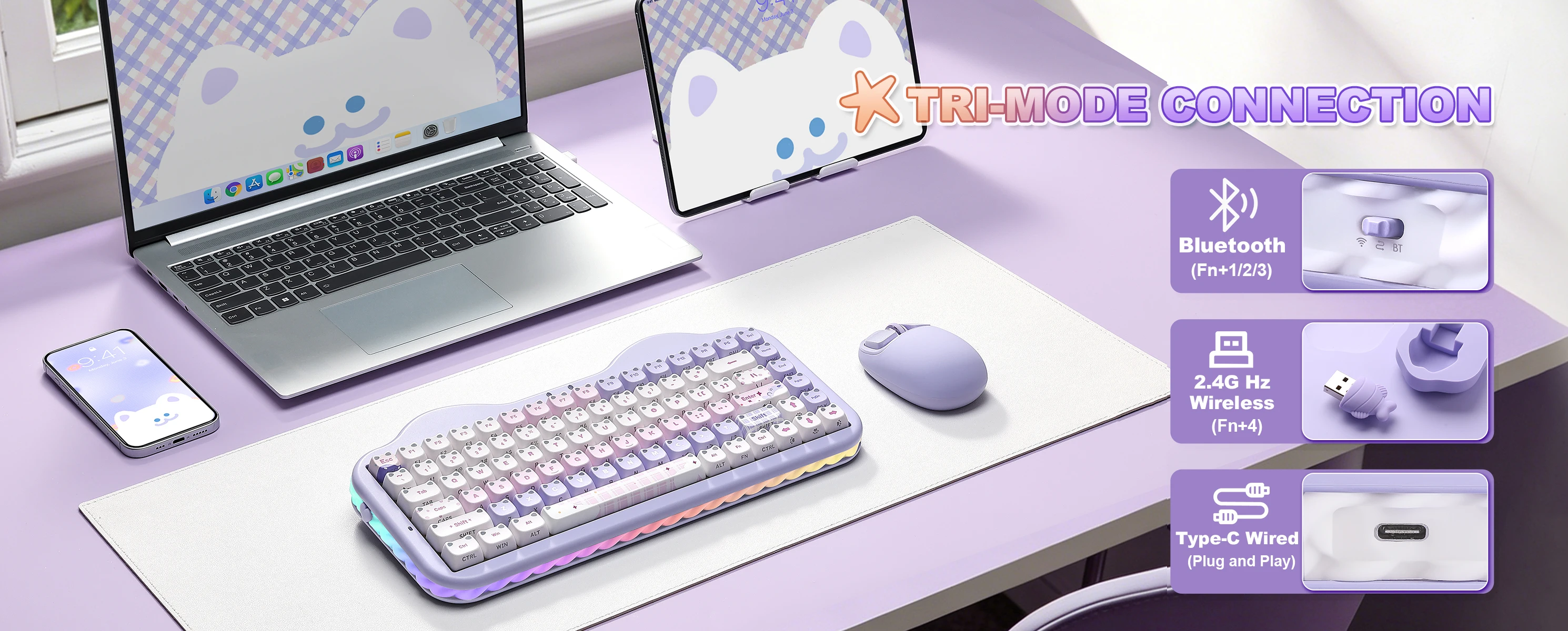 YUNZII C75 MAO Edition Mechanical Keyboard,Cute Ear Translucent Keycap,Wireless 75% NKRO Keyboards,RGB Cake Design for Win/Mac