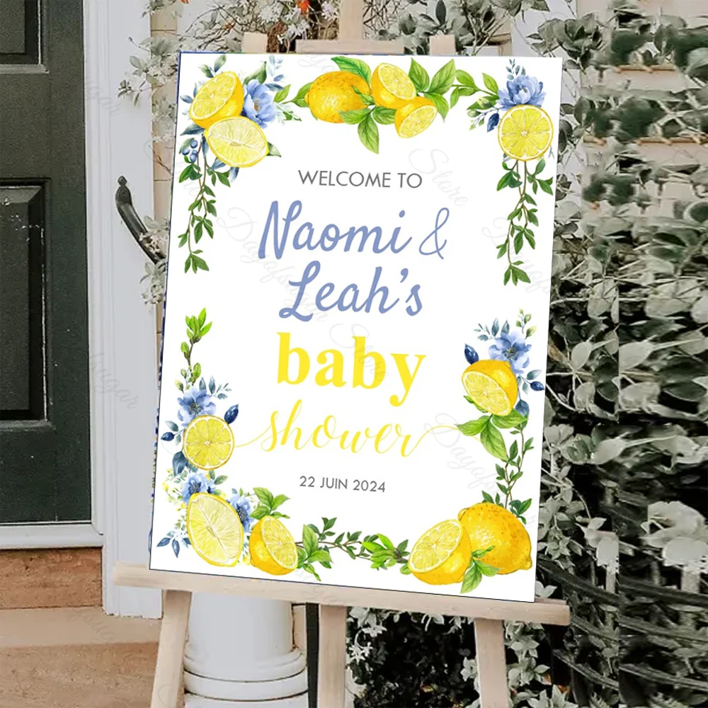 Niestandardowa cytrynowa znak witający gości dziecięca mozaika niebieskie kwiaty lemoniada Boho sumber Baby Shower znak witający gości na przyjęcie