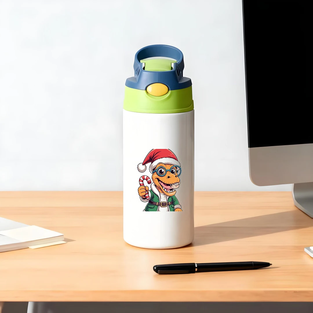 Chapeau de noël dinosaure de dessin animé, tasse isolée en acier inoxydable 304, tasse en paille pour enfants, cadeau de noël élégant et Adorable