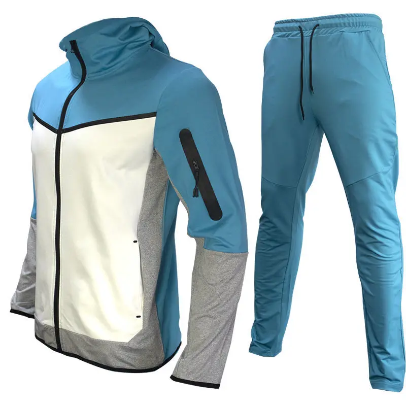 Conjunto completo com capuz, jaqueta esportiva, moletom, calça de manga comprida, aberta, outono, inverno, com bloco de cores para homens