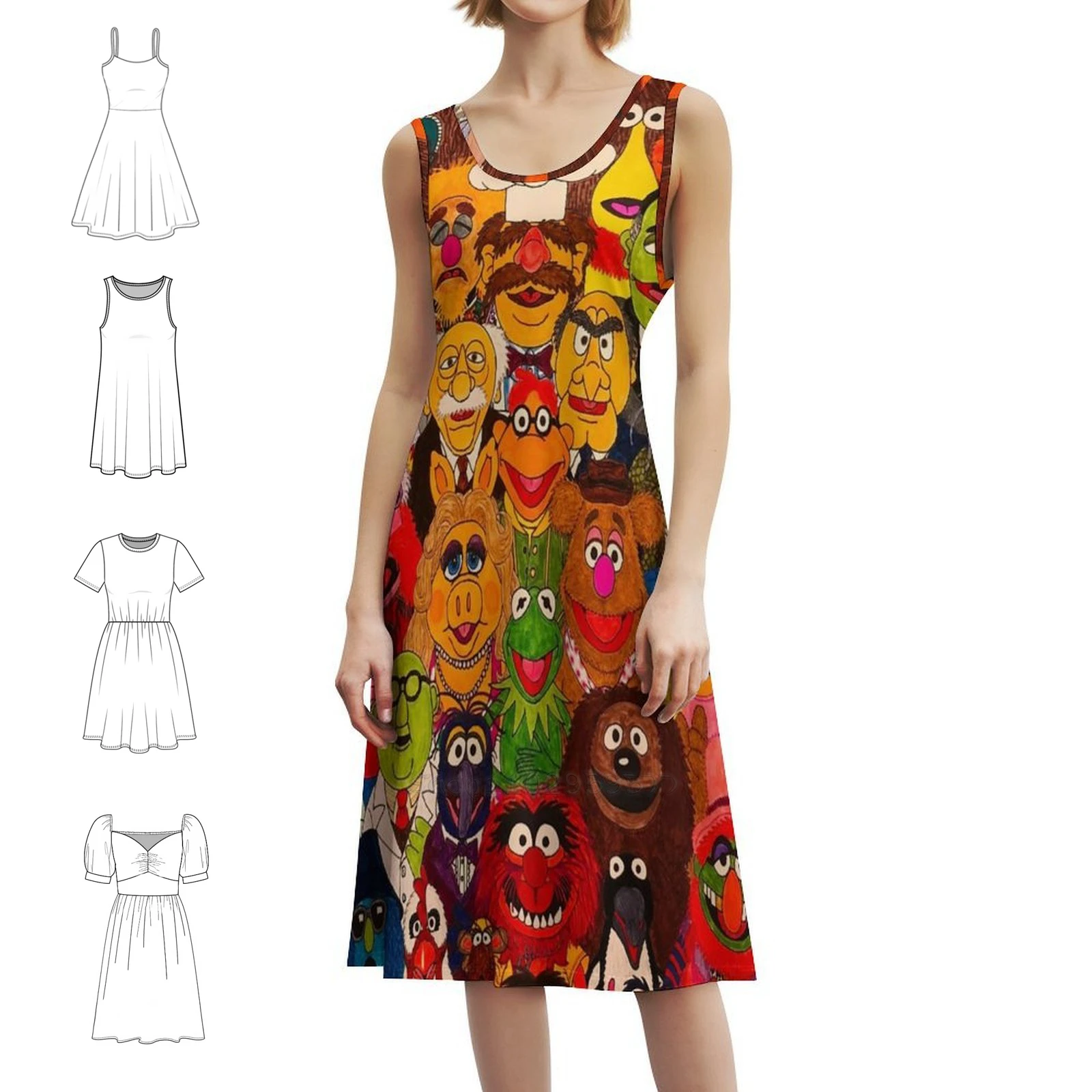 

Ретро мультфильм художественный узор богемное платье без рукавов с несколькими принтами пляжное праздничное платье для отдыха ретро-мультфильм киновечеринка