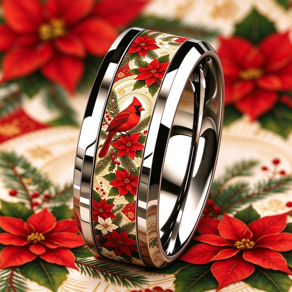 Boho Christmas Red Cardinal Bird Poinsettia Pattern Ring Elegant Stainless Steel Rings For Women Men Wedding Party Jewelry Gifts