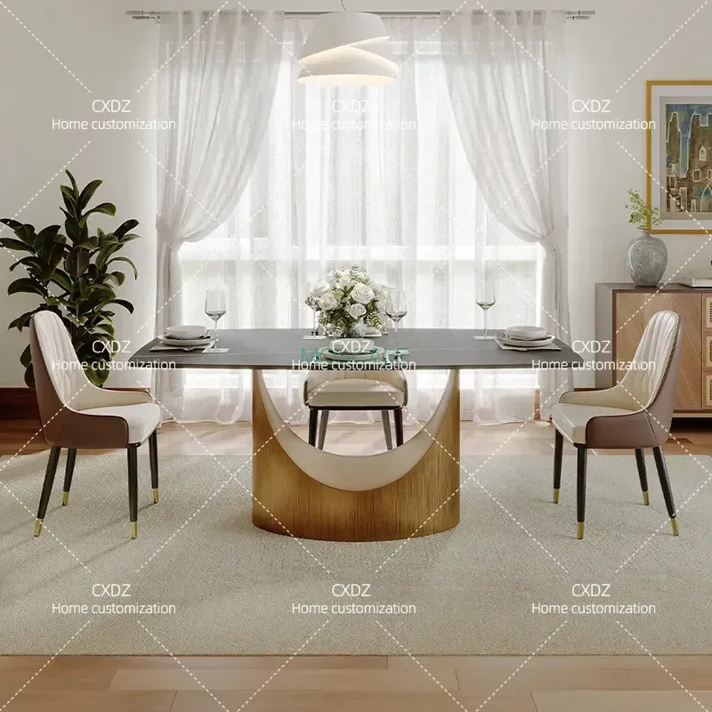Slate Dining Table Rectangular Brass Base Light Luxury Modern Long Table for Small Apartment Restaurant High End Household