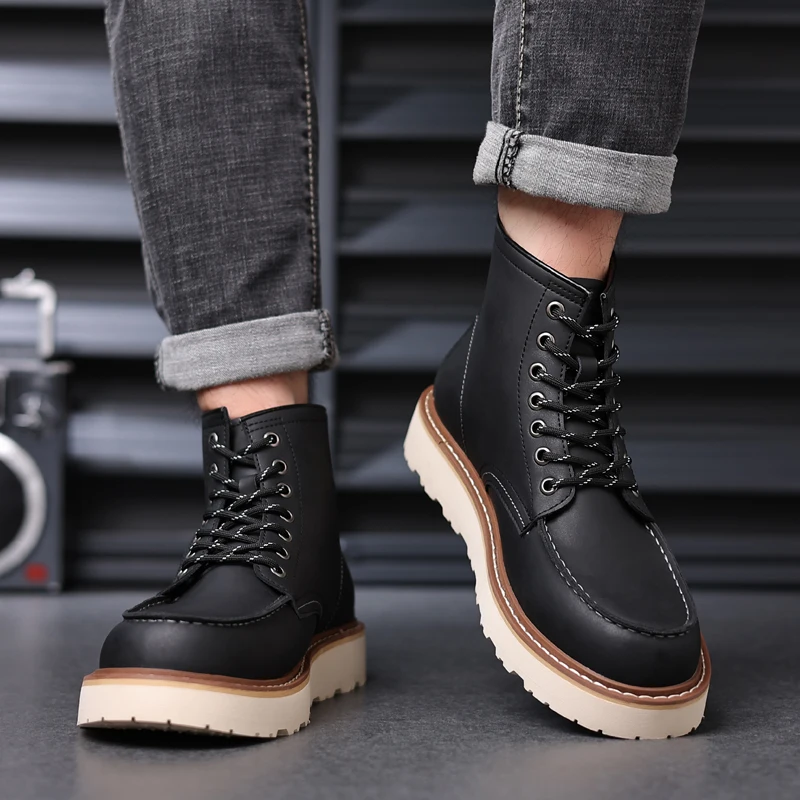 New Autumn Winter Handmade Vintage Men Shoes Real Leather British Tooling Ankle Boots Round Toe Lace-up Outdoor Motorcycle Boots