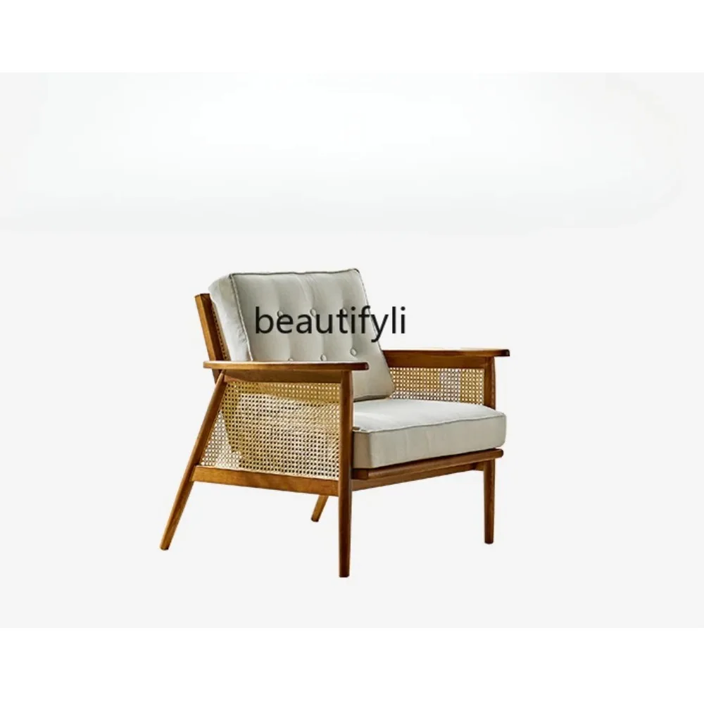 

Wooden Lounge Chair Home Single-Seat Sofa Chair Retro Balcony Rattan Chair Backrest Armchair