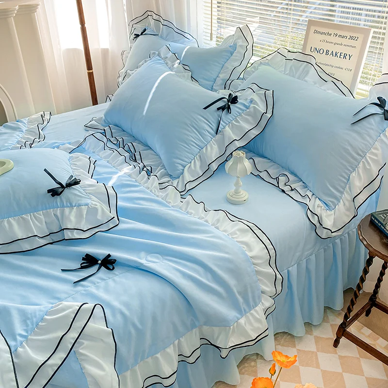 

Lace Princess Style Korean Bed Skirt Bed Sheet Embroidered Ruffle Lace Quilt Cover Ins Bedding For Girls Luxury Home Textiles