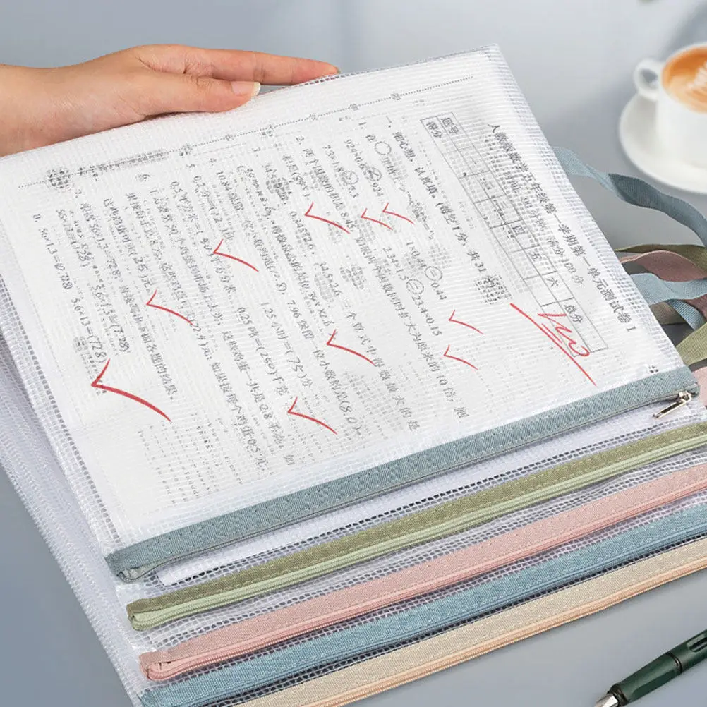 

5Pcs Document Bags Transparent Grid Splashproof Handheld Zipper File Organizer Large Capacity Classroom Exam Papers Storage