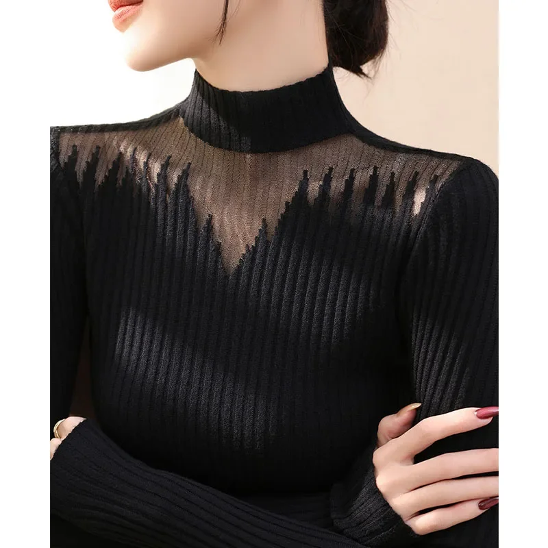 가을 겨울 신상 솔리드 레이스 풀오버 여성 의류 우아한 니트 스웨터 패션 홀로우 아웃 엘라스틱 슬림 탑