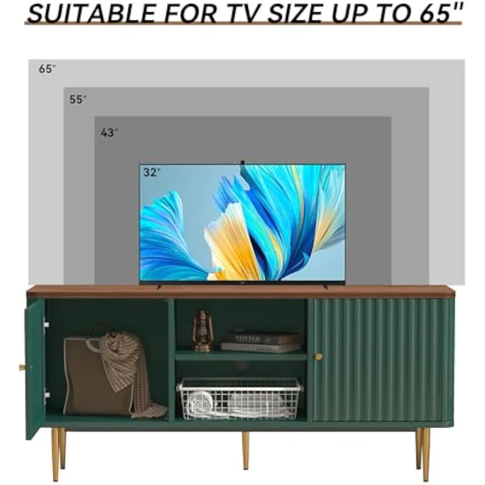 حامل تلفزيون مخدد حديث مقاس 55-65 بوصة من منتصف القرن باللون الأخضر مع مركز ترفيهي وتخزين #3