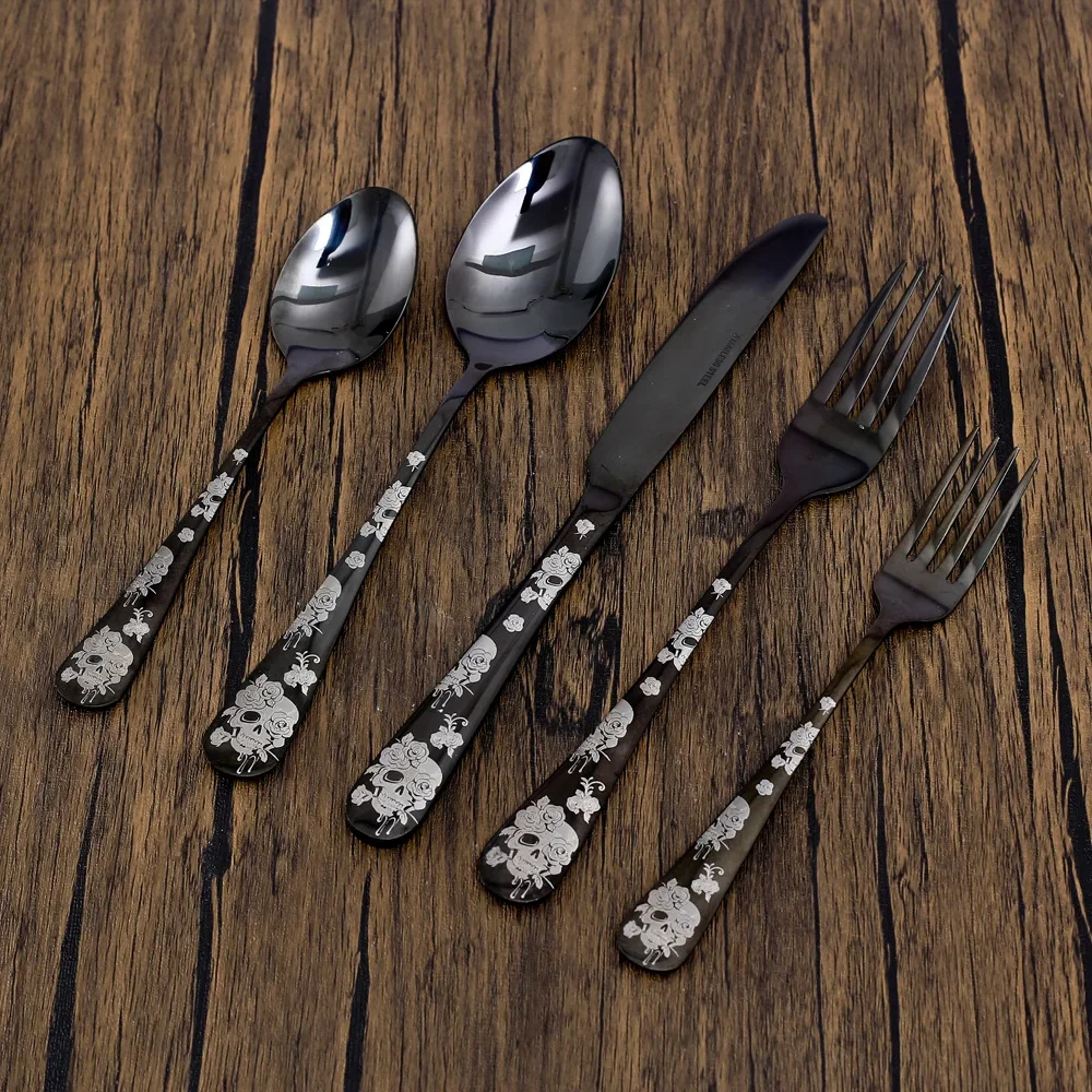 Black Creative Carved Rose Skeleton Skull Stainless Steel Tableware Set with Knife, Fork, Spoon, Five Piece Dinnerware  Set