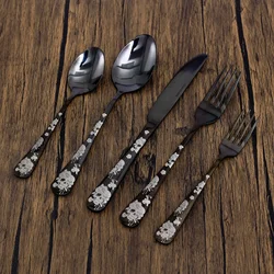 Black Creative Carved Rose Skeleton Skull Stainless Steel Tableware Set with Knife, Fork, Spoon, Five Piece Dinnerware  Set