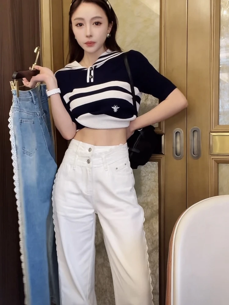 l Split Lace Trim Denim Pants Women's Proportion Good Length Wide Leg High Waist Jeans Casual Loose Fit Long Pants