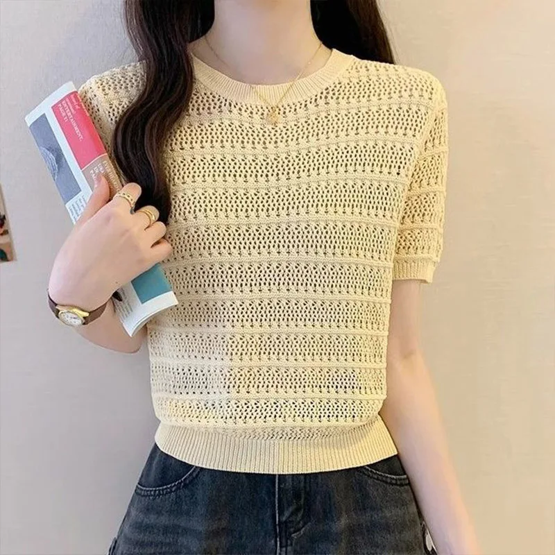 Summer Fashion Loose Hollow Out Knitted T-shirt Women Clothing Casual All-match O-neck Short Sleeve Top Tee Ice Shreds Thin Tops