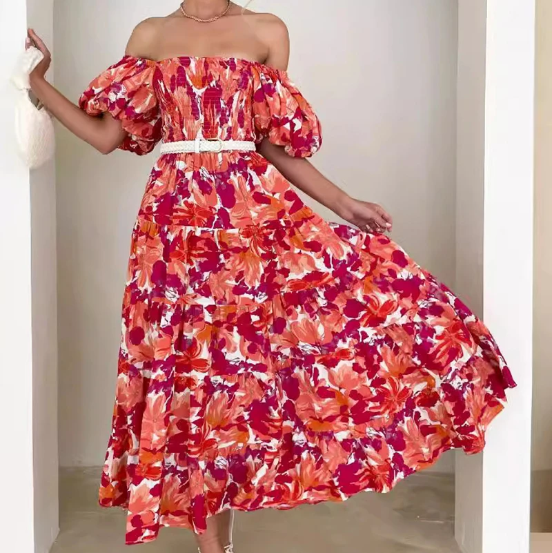 เดรสพิมพ์ลายดอกไม้แขนพอง สไตล์เซ็กซี่เปิดหลัง คอเฉียง ผ้ามีความยืดหยุ่น เอวสูง กระโปรงสั้น/ยาว รุ่นใหม่สำหรับฤดูร้อน